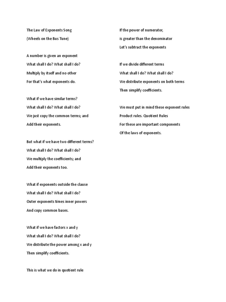The Law of Exponents Song PDF