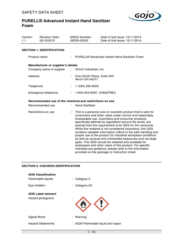 MSDS Hand Satitizer | PDF | Personal Protective Equipment | Physical ...
