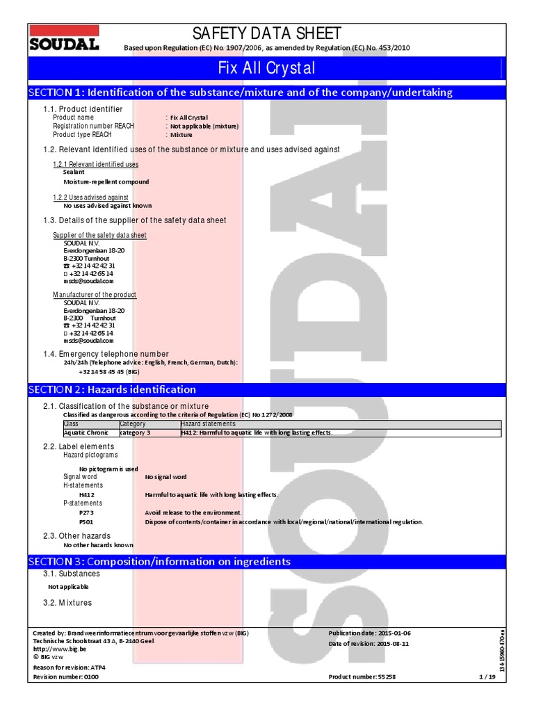 Soudal FixAllCrystalMSDS55258 PDF Chemistry Physical Sciences