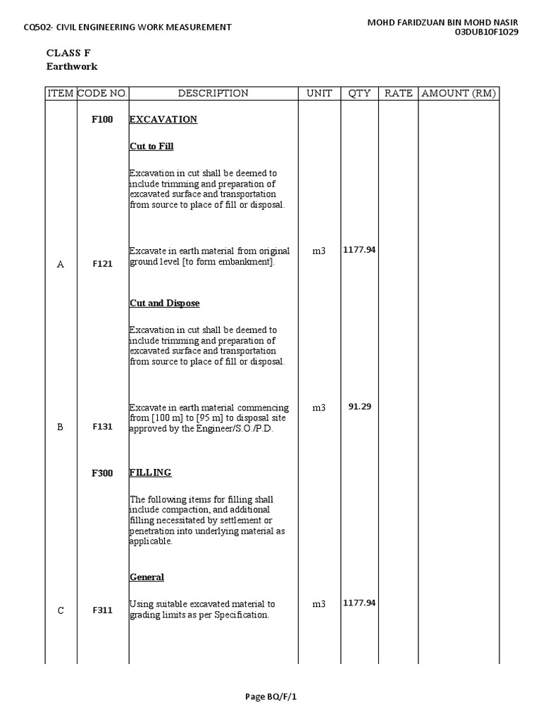 BQ Class F Earthwork | PDF | Engineering