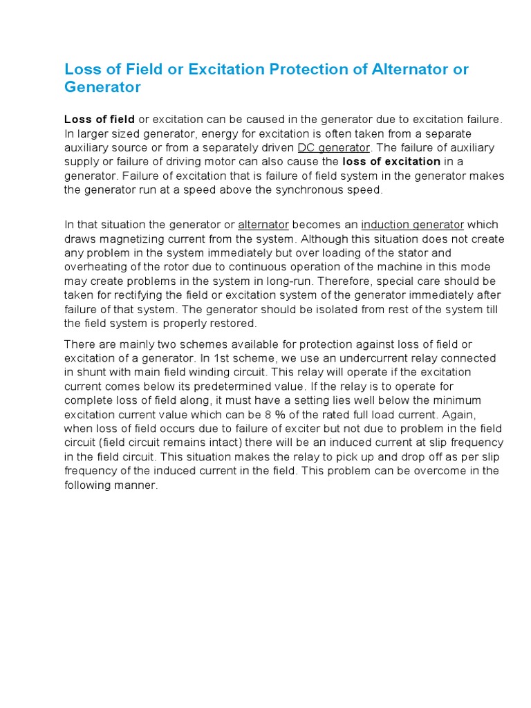 Loss of Field Protection in Generators | PDF | Electric Generator | Relay