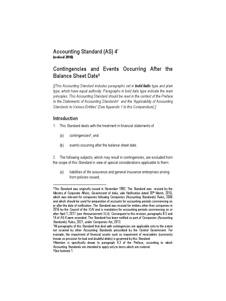 AS 4 Contingencies and Events Occurring After The Balance Sheet Date ...