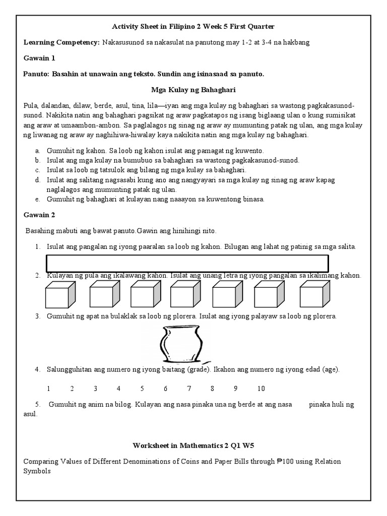 Activity Sheets in Filipino Math Week 5 PDF