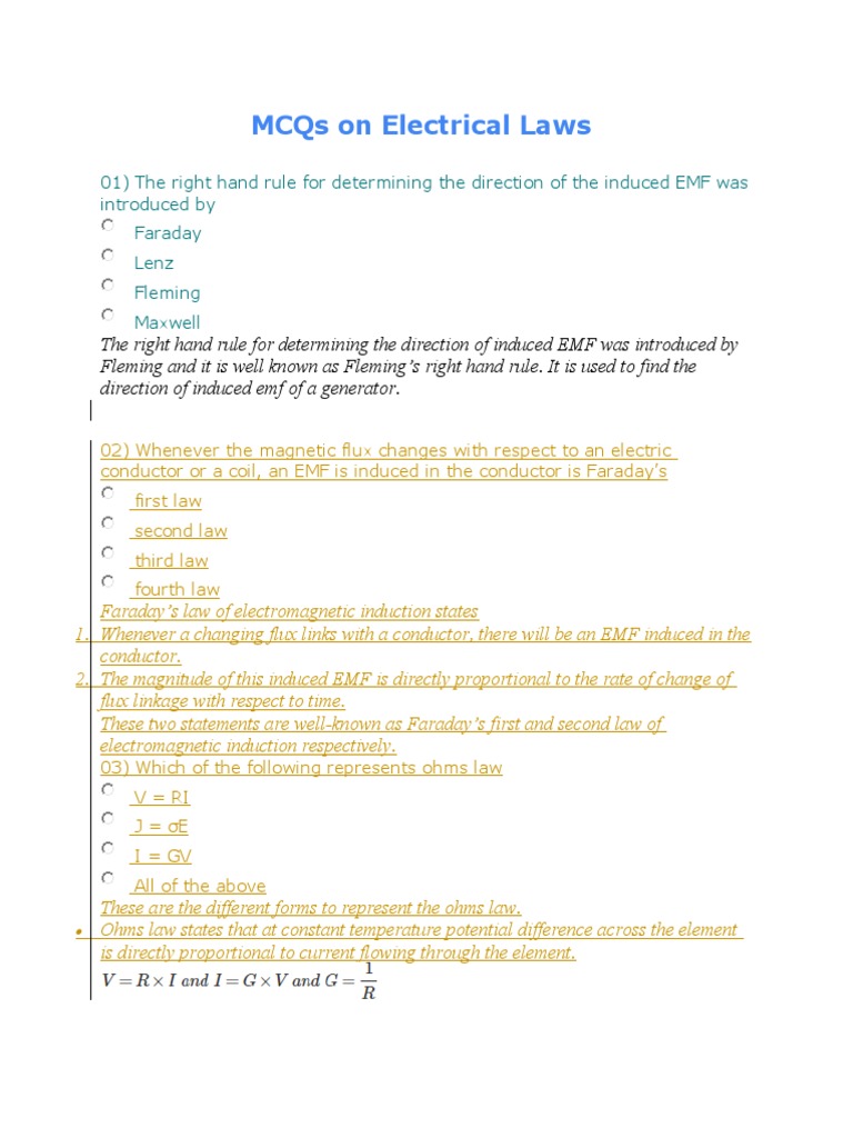 MCQs On Electrical Laws PDF Induction Electric Motor