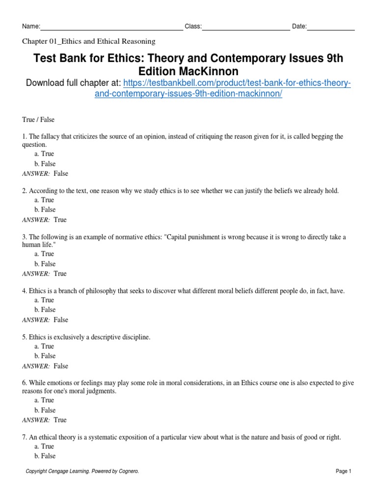 Test Bank For Ethics Theory and Contemporary Issues 9th Edition