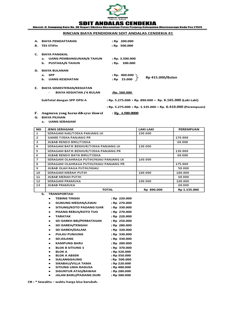 Rincian Biaya Pendidikan Sdit Andalas Cendekia 01 | PDF