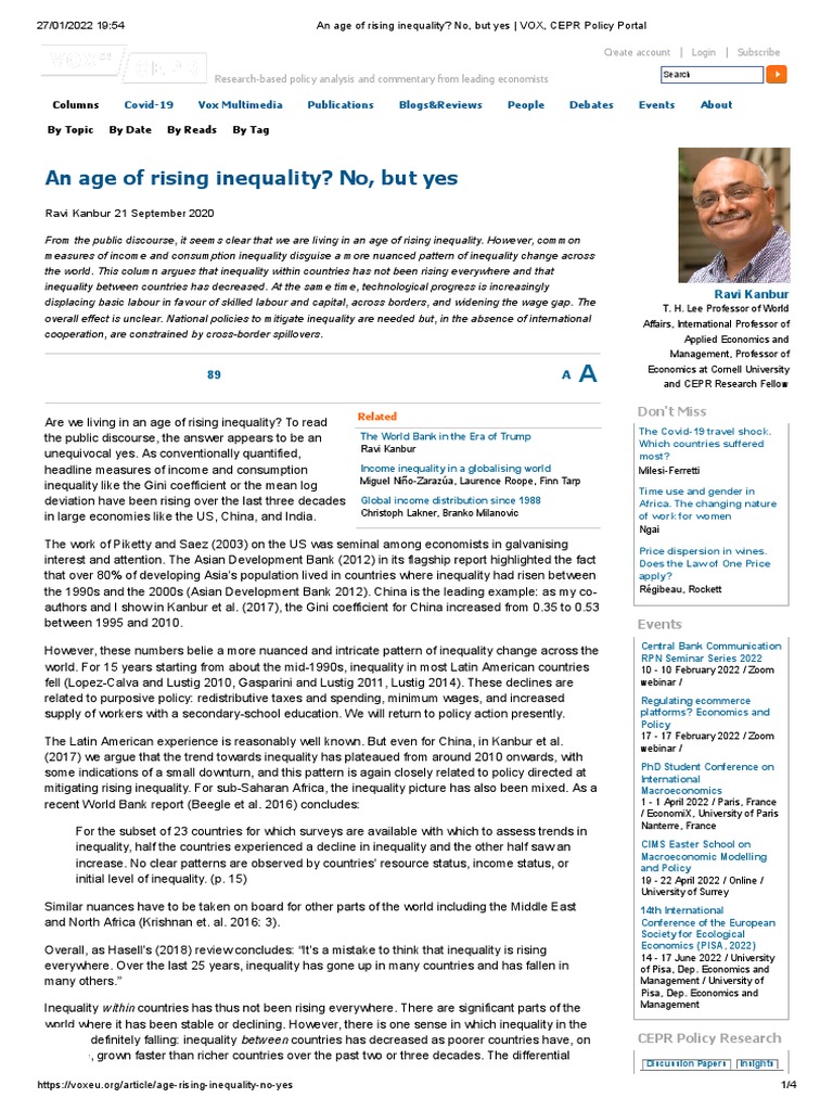 An Age of Rising Inequality - No, But Yes - VOX, CEPR Policy Portal ...