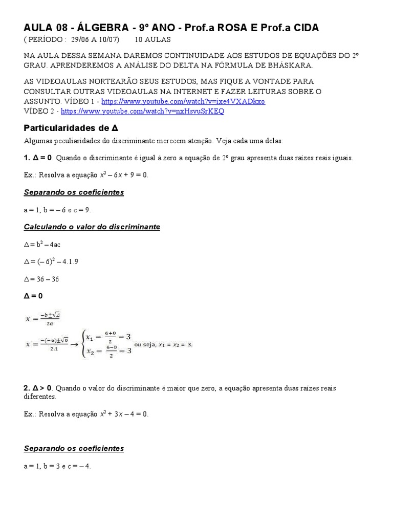 9º Ano Álgebra Aula 08 29 06 A 10 07 de 2020 Prof Rosa e Cida | PDF ...
