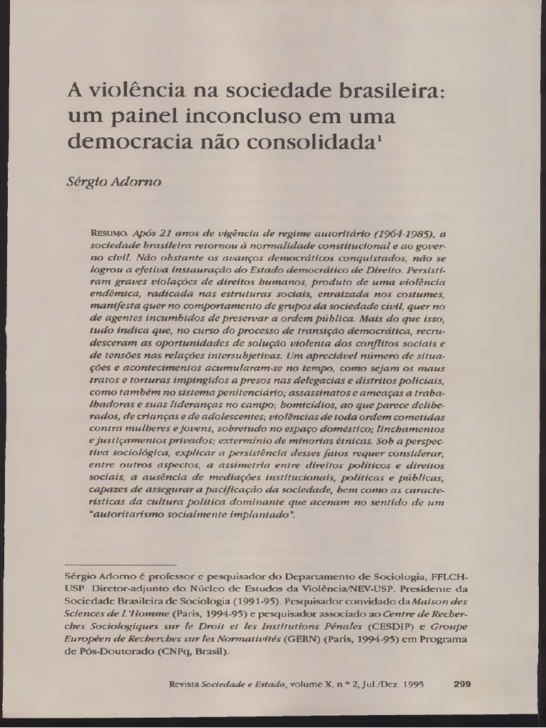 Vista Do A Violência Na Sociedade Brasileira - Um Painel Inconcluso em ...