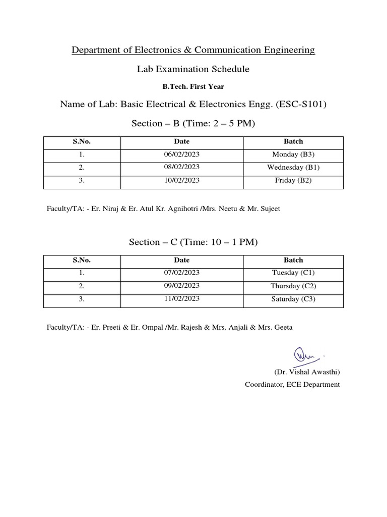B.Tech ECE Lab Exam Schedule 2023 | PDF