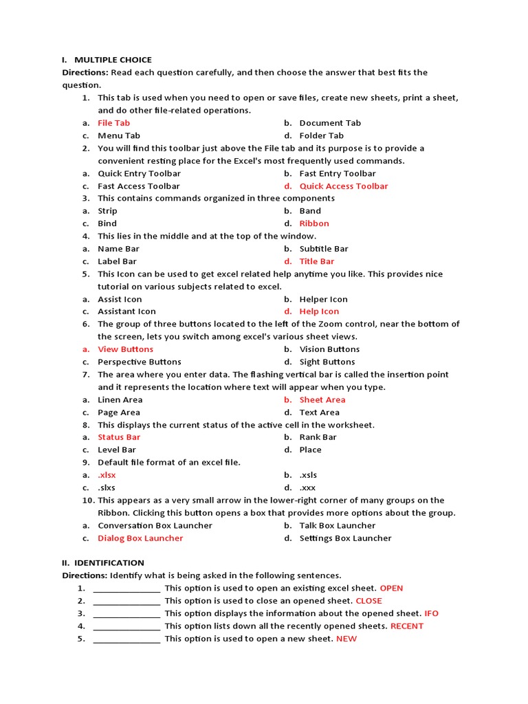 Excel Exam Practice Questions and Answers | PDF | Cloud Computing ...