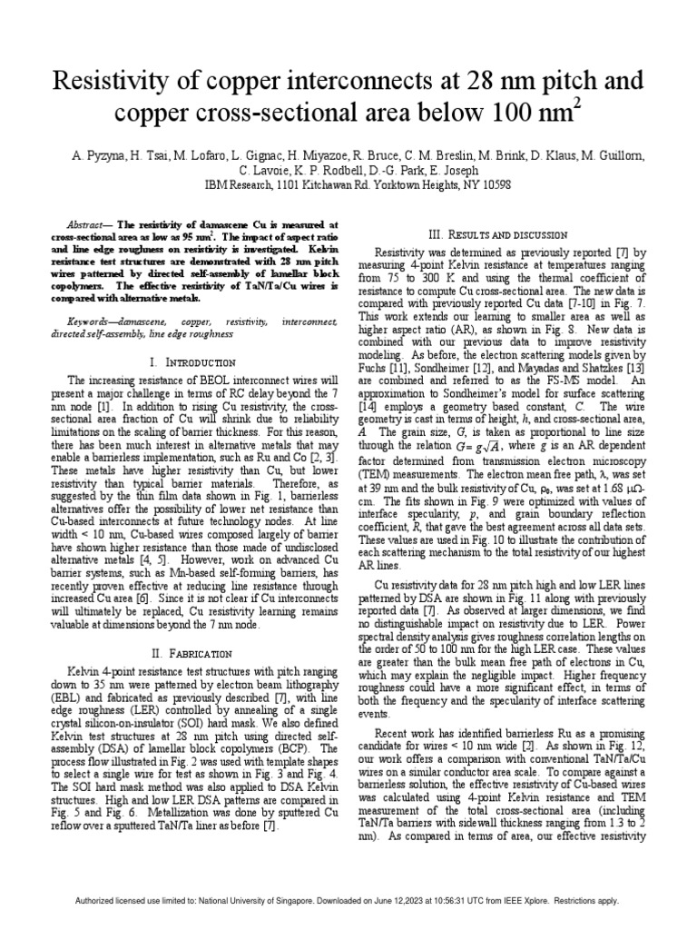 Resistivity of Copper Interconnects at 28 NM Pitch and Copper Cross