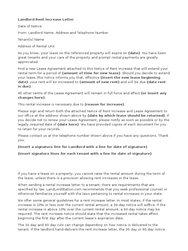 Sample Landlord Rent Increase Letter | PDF | Lease | Leasehold Estate