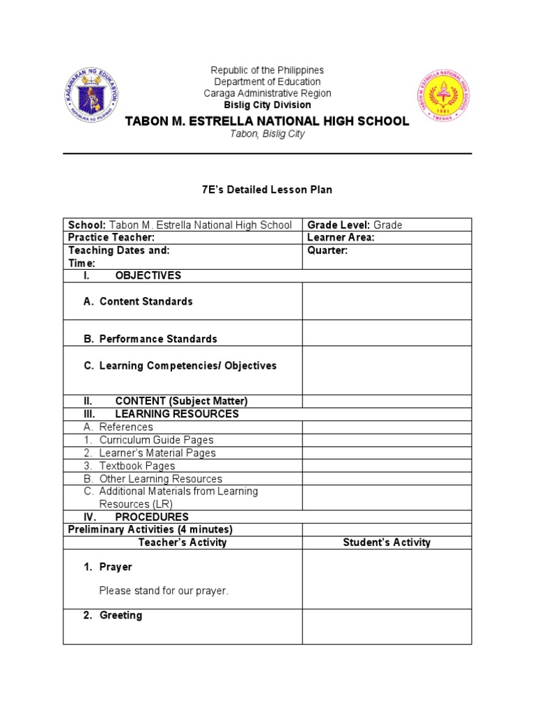 7e LP Template | PDF | Learning | Teachers