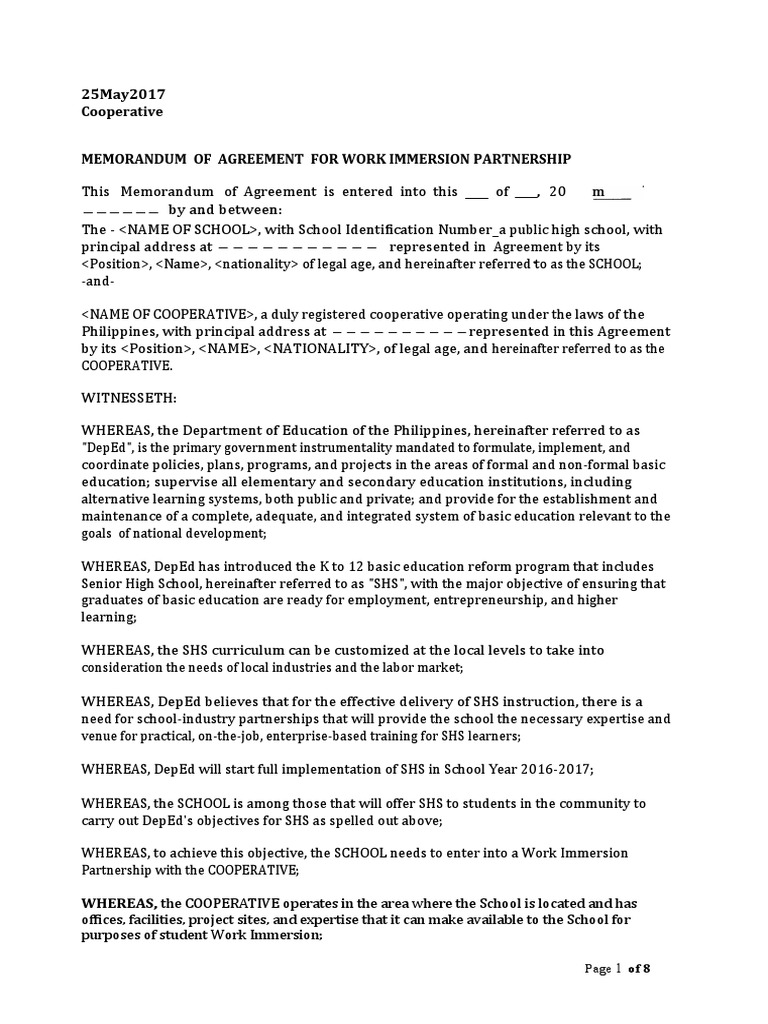 Work Immersion Agreement for SHS | PDF