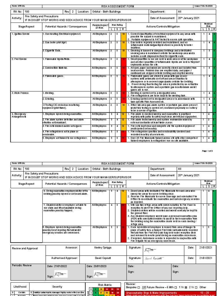 Fire Safety Risk Assessment Form | PDF | Fires | Fire Safety