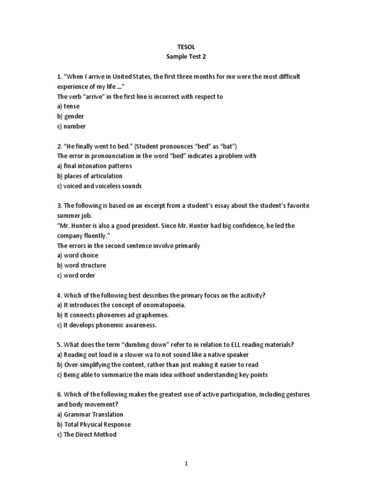 TESOL Sample Test Questions | PDF | Language Arts & Discipline