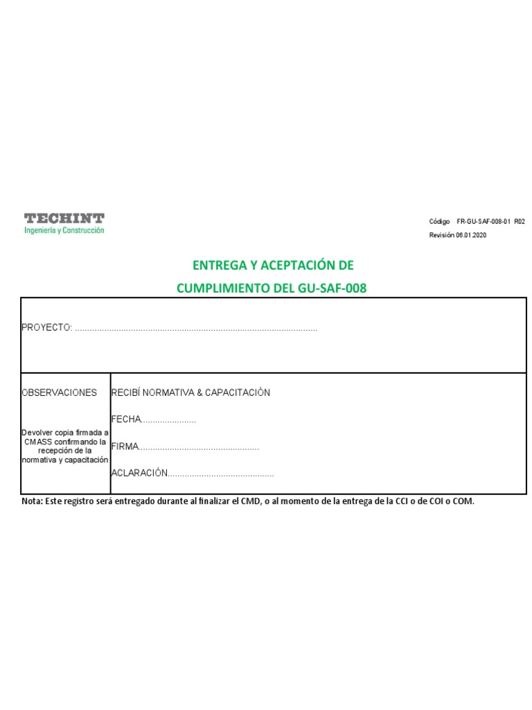 FR-GU-SAF-008-01 Entrega y Aceptación de Cumplimiento | PDF