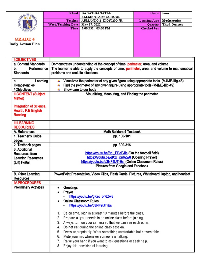 Grade 4 Lesson Plan: Area & Perimeter | PDF