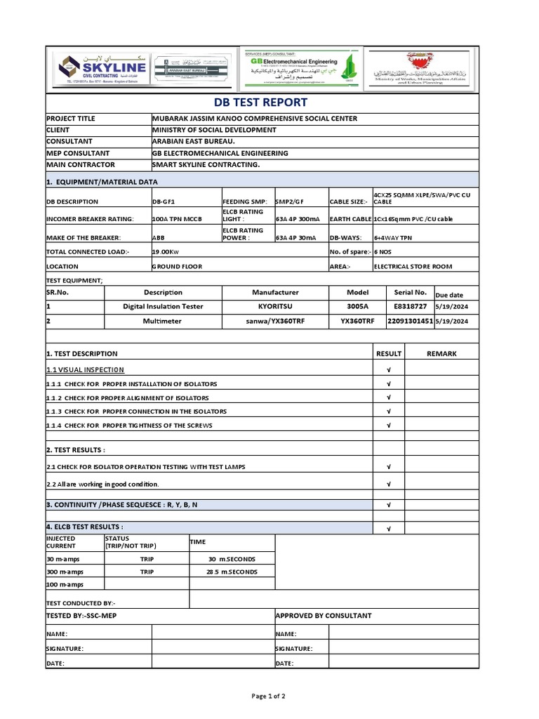 DB Test Report for Electrical Installations | PDF | Equipment ...