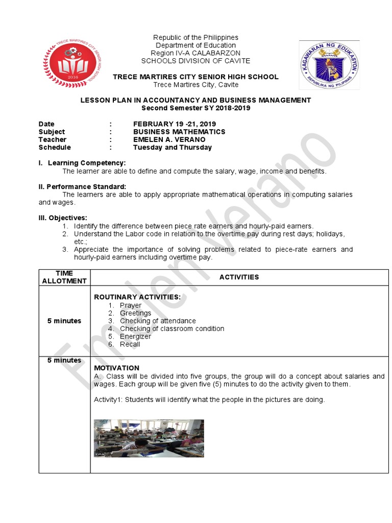 Business Math - Daily Lesson Plan | PDF | Career & Growth