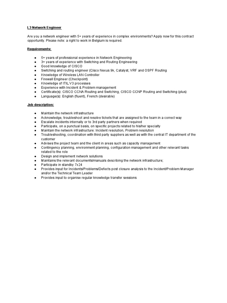 Inavise Job Description - L3 Network Engineer | PDF