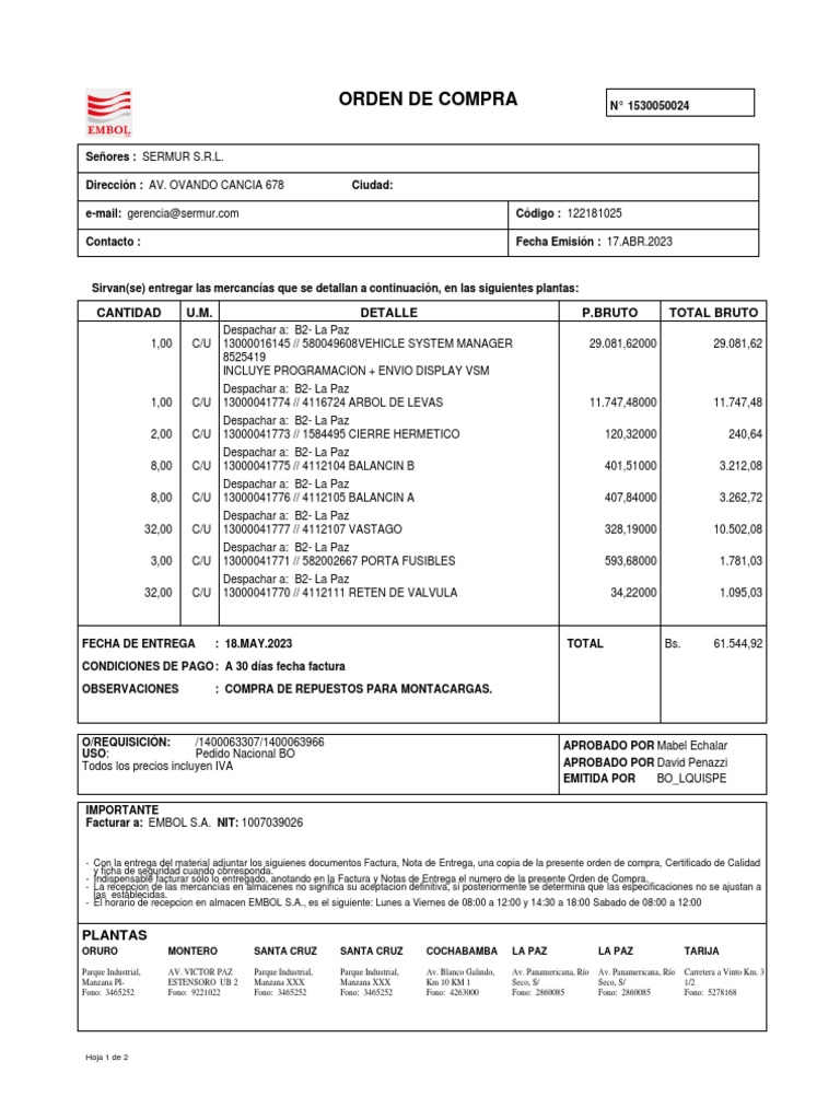 Orden de Compra Repuestos Montacargas | PDF