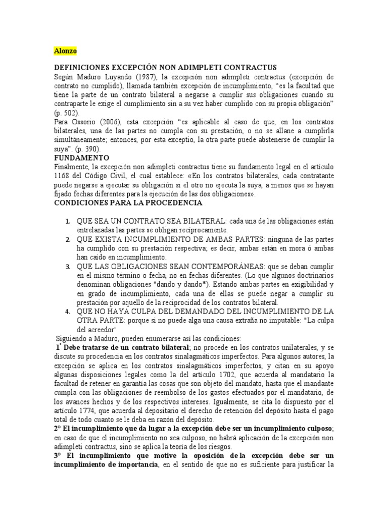 Excepción Non Adimpleti Contractus | PDF | Ley común | Derecho privado