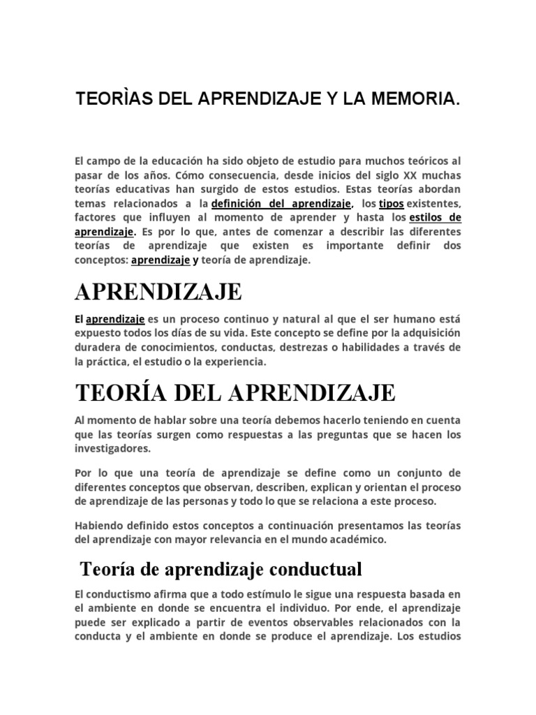 Teorias Del Aprendizaje y La Memoria Daniela | PDF | Aprendizaje ...
