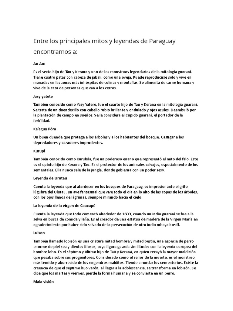 MITOS Y LEYENDAS DEL PARAGUAY : TAU & KERANA La cultura de los guaraníes es  rica en mitos y leyenda, en especial..