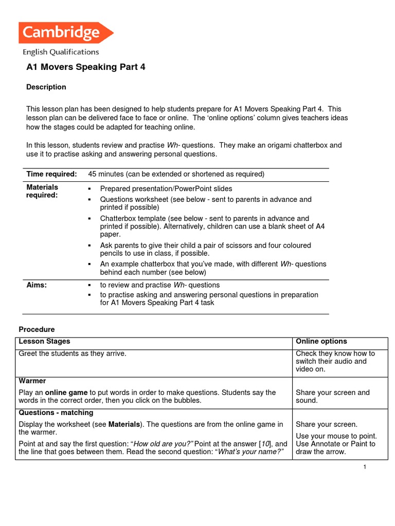 A1 Movers Speaking Part 4 Guide | PDF | Question | Worksheet