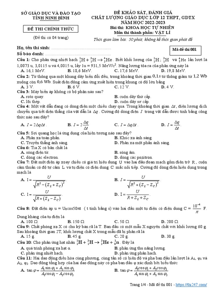 De Khao Sat Chat Luong Vat Li 12 Nam 2022 2023 So GDDT Ninh Binh | PDF