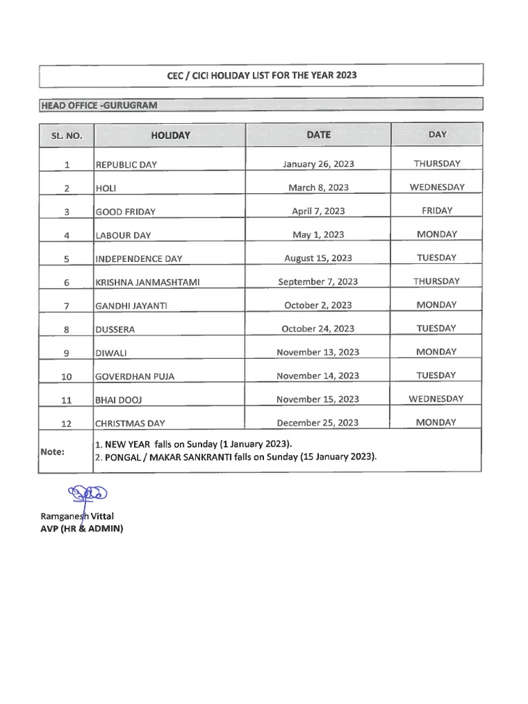 IcecCici Holiday List 2023 PDF