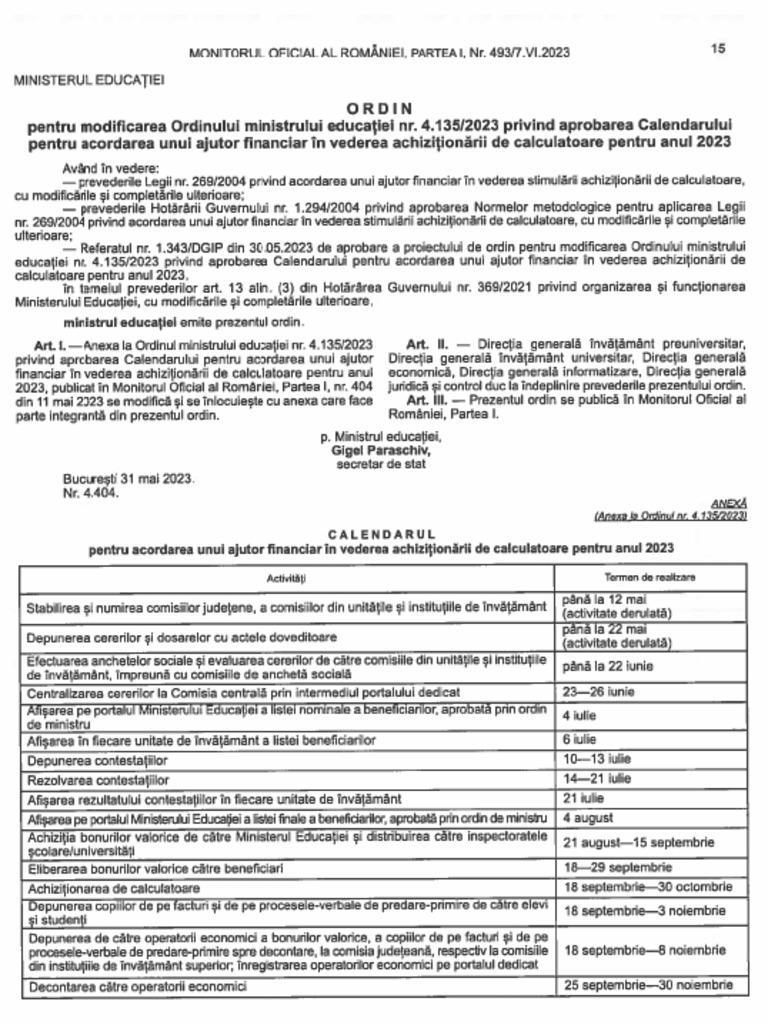 OME Nr. 4404 Din 31.05.2023 Modificare Calendar Euro 200 Pentru Anul