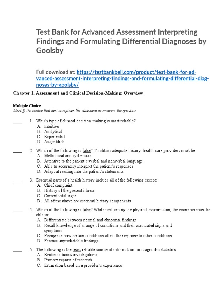 Test Bank For Advanced Assessment Interpreting Findings and Formulating