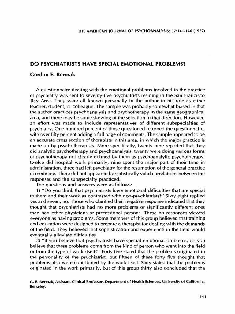 Do Psychiatrists Have Special Emotional Problems Download Free PDF
