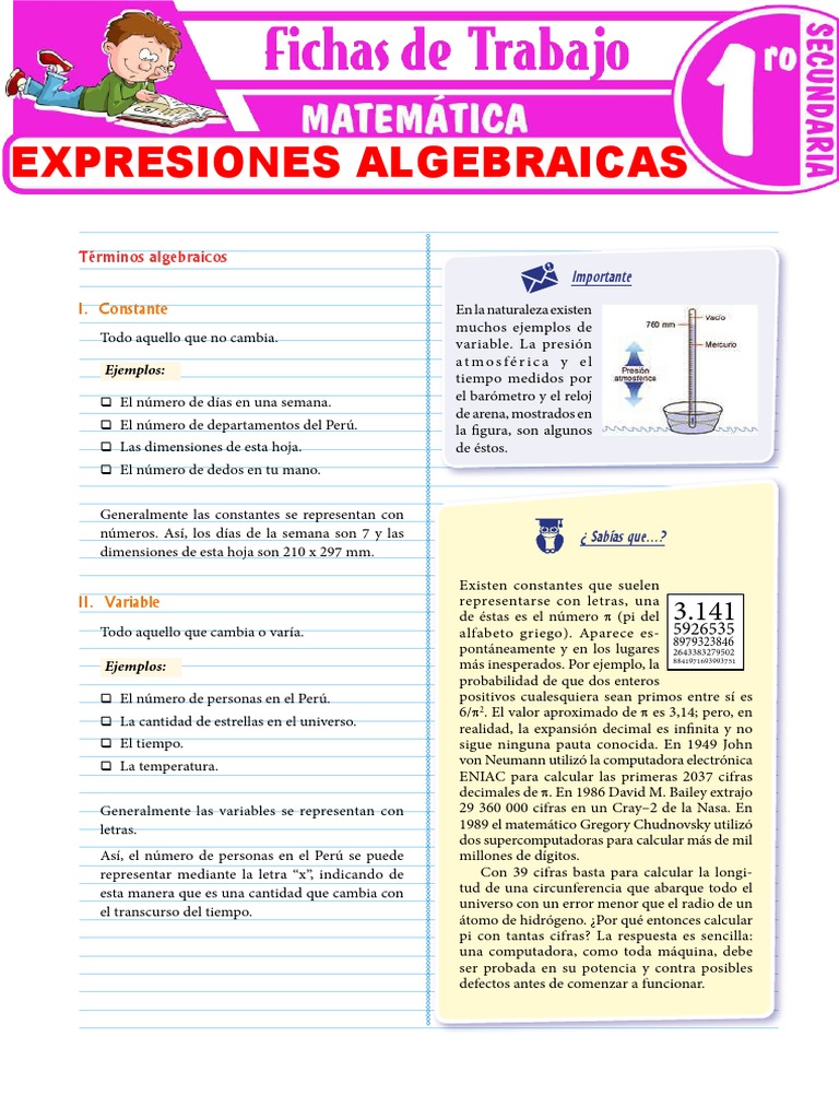 Expresiones Algebraicas para Secundaria | PDF | Pi | Matemáticas
