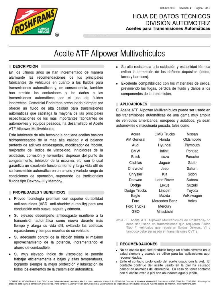 07 HDT Atf Allpower Multivehiculos | PDF | Transmisión automática ...