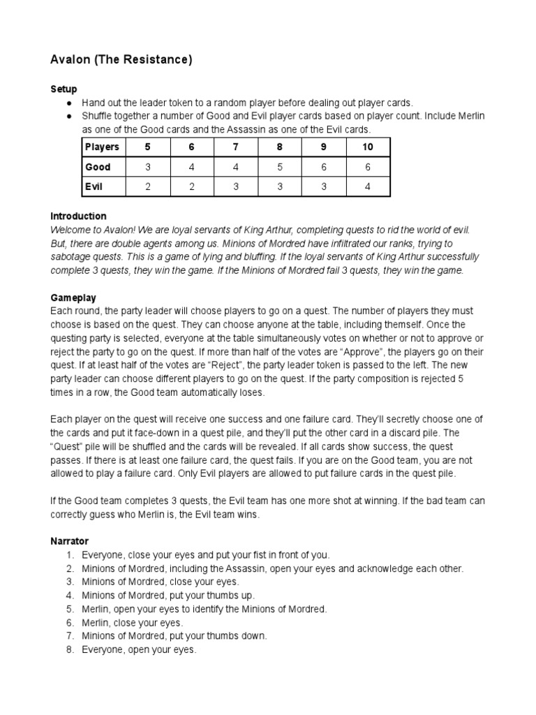 Avalon (The Resistance) - Teaching Script | PDF