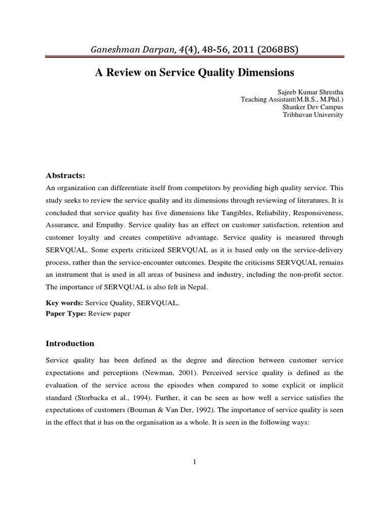 Service Quality Dimensions Review | PDF