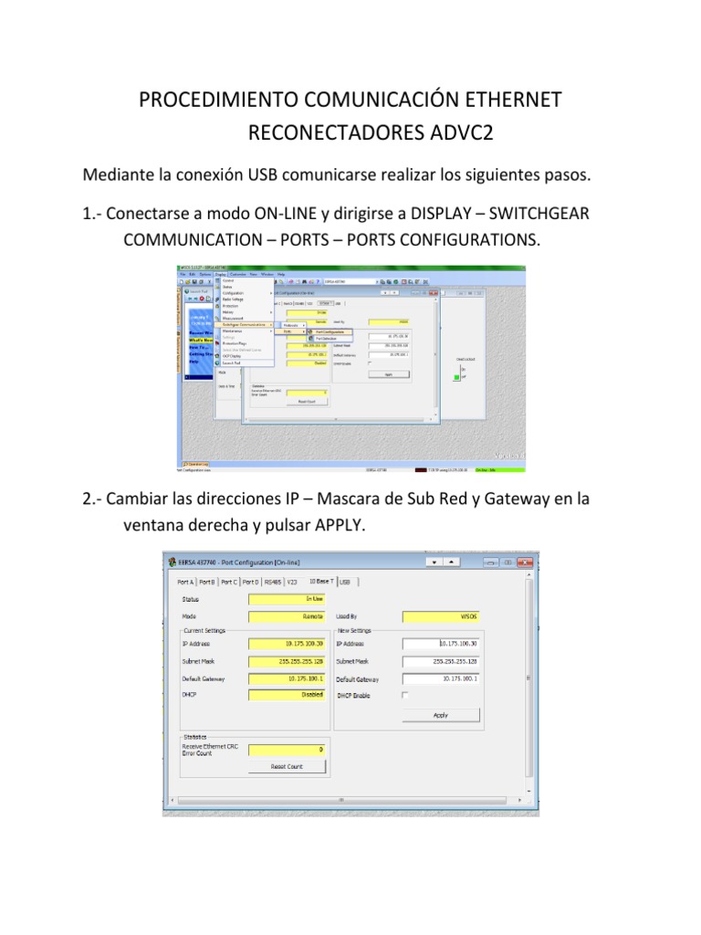 Procedimiento Comunicación Ethernet Reconectadores Advc2 | PDF