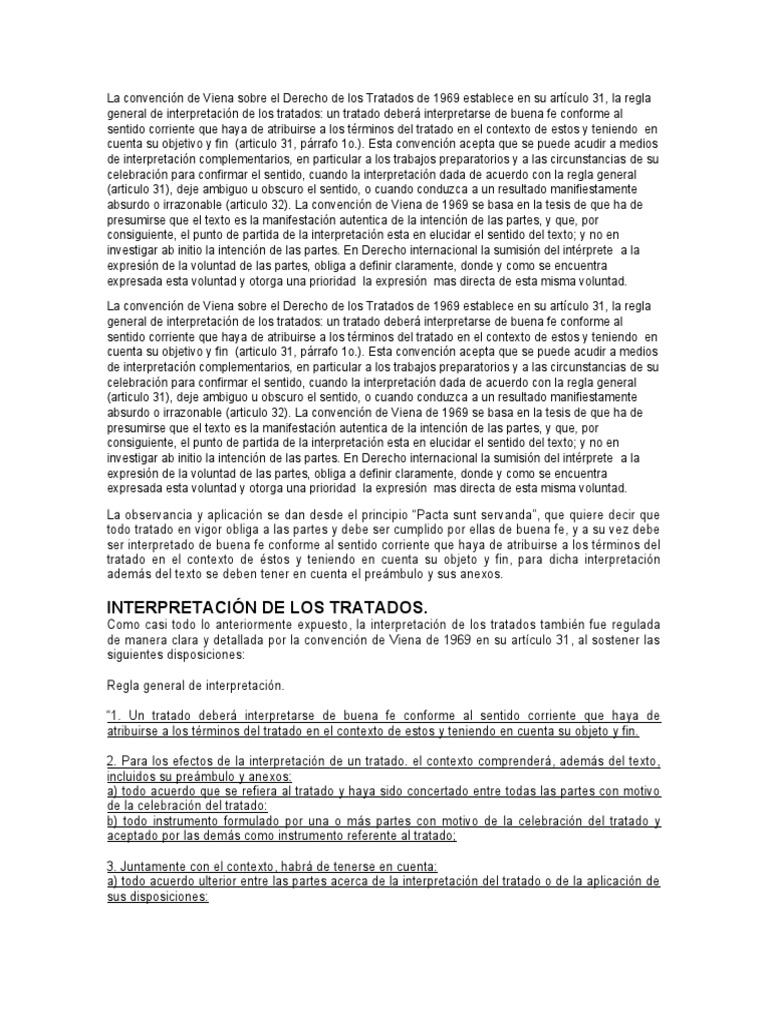 La Convención de Viena Sobre El Derecho de Los Tratados de 1969 Establece en Su Artículo 31 PDF