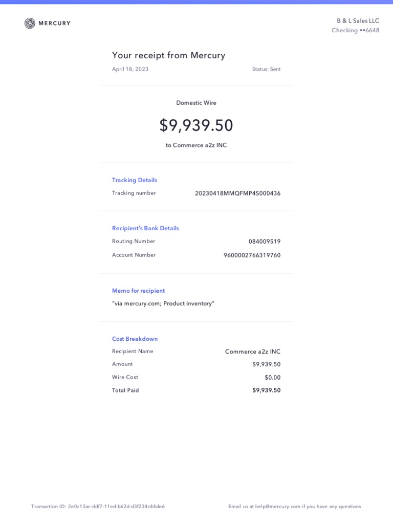 Mercury Wire Transfer Receipt | PDF
