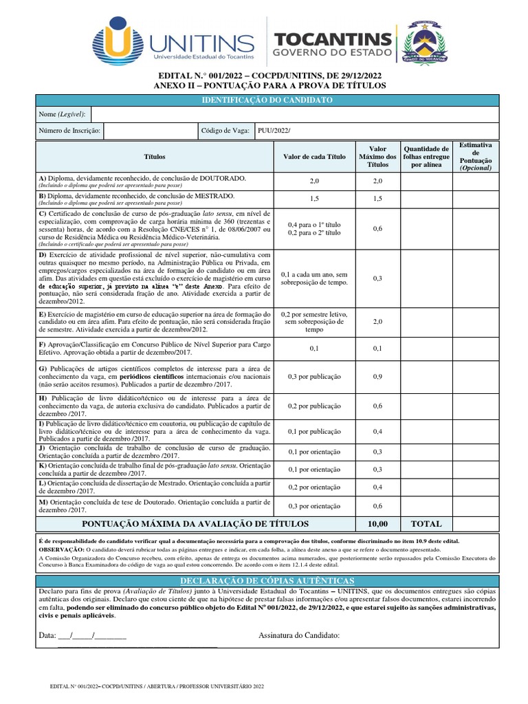 Concurso Prof Unitins 2022 Anexo II Pontua o Para A Prova De 