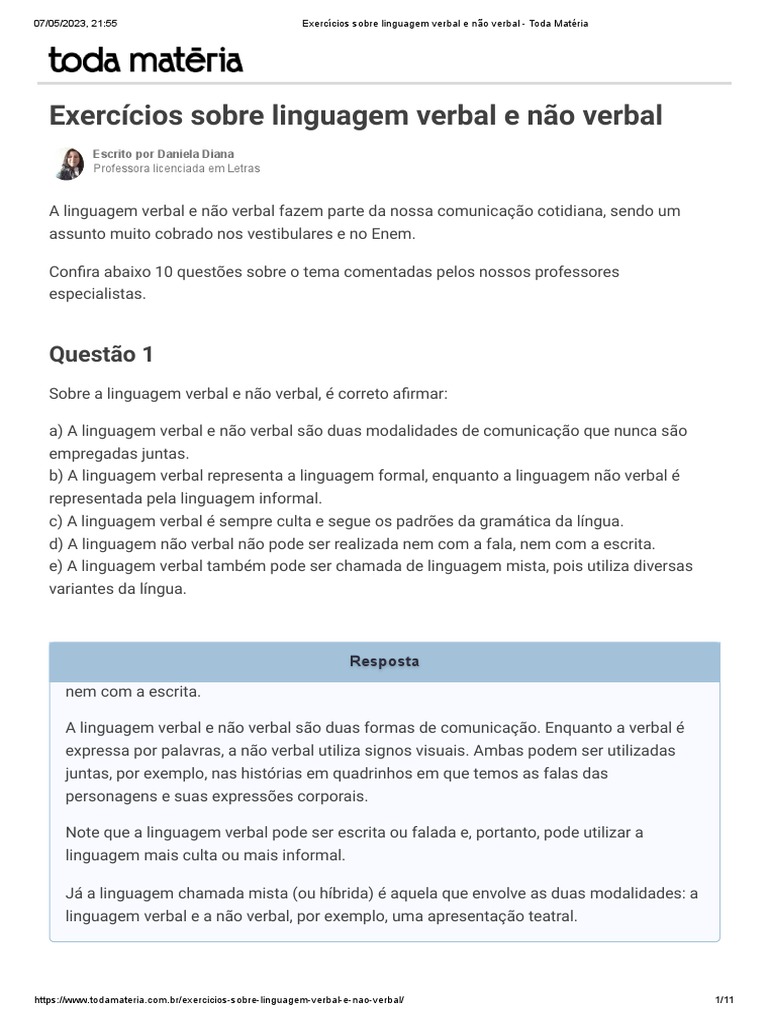 Exercícios sobre Linguagem Verbal e Não Verbal | PDF | Comunicação não ...