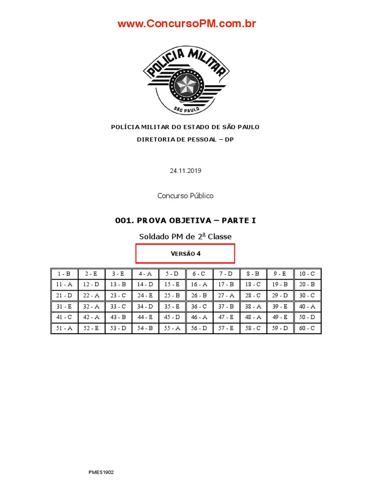 Gabarito Prova Soldado PM 2019 | PDF