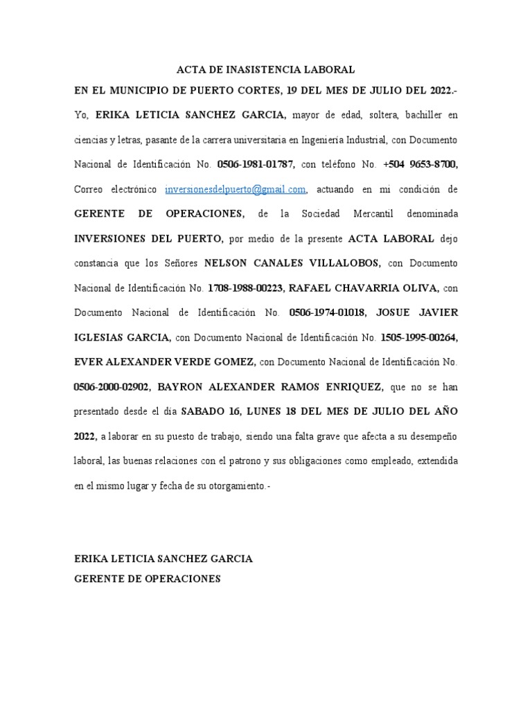 ACTA DE INASISTENCIA LABORAL | PDF