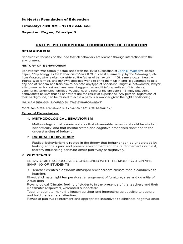 Unit 2 Philosophical Foundations of Education PDF Behaviorism