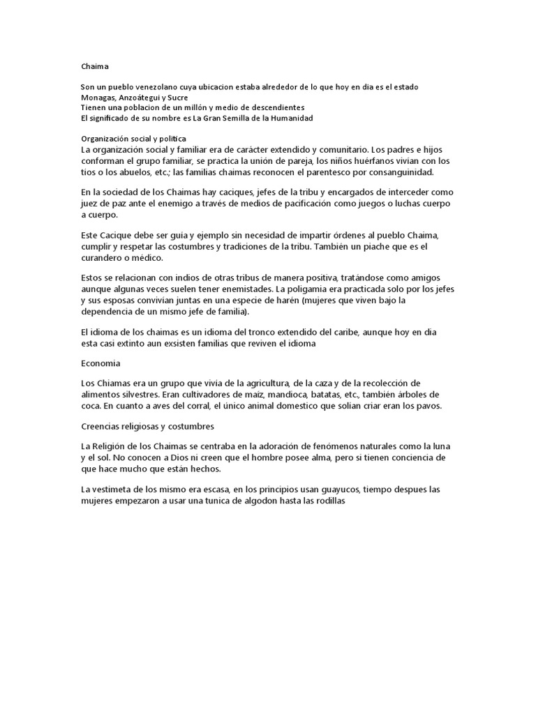 Cultura y organización de los Chaimas | PDF
