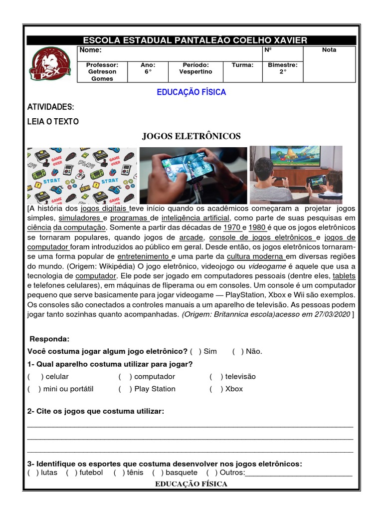 Atividades de Educação Física: Jogos Eletrônicos | PDF | Videogames ...